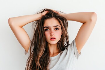 Fototapeta premium Angry young woman pulling at her hair isolated on white background. Frustrated with life unable to calm down intense expression