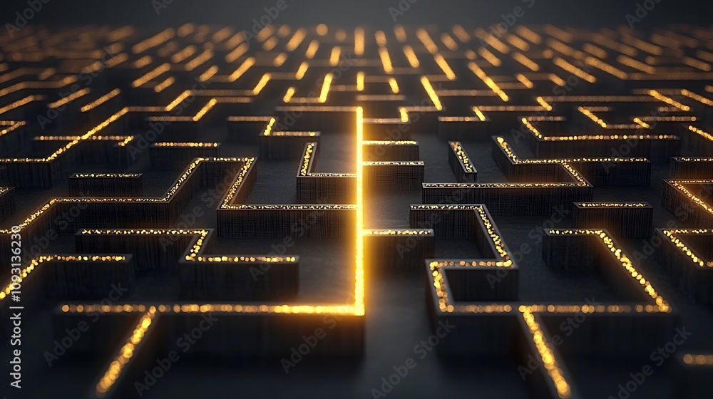 Aufkleber Captivating abstract maze in rich gold colors with a glowing line highlighting the path to success representing innovation problem solving and strategic creativity
