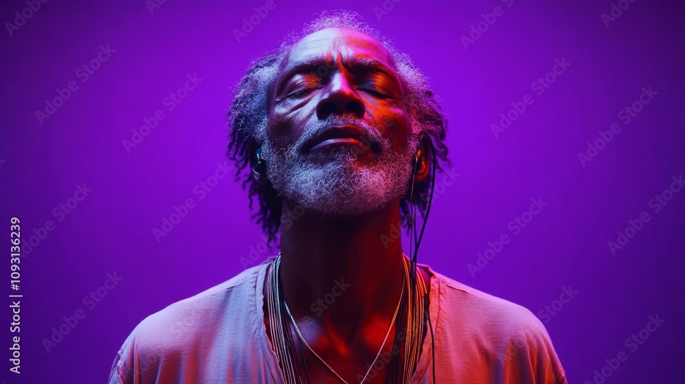 Poster man with a beard and dreadlocks is wearing a gray shirt and looking at the camera. the image has a c