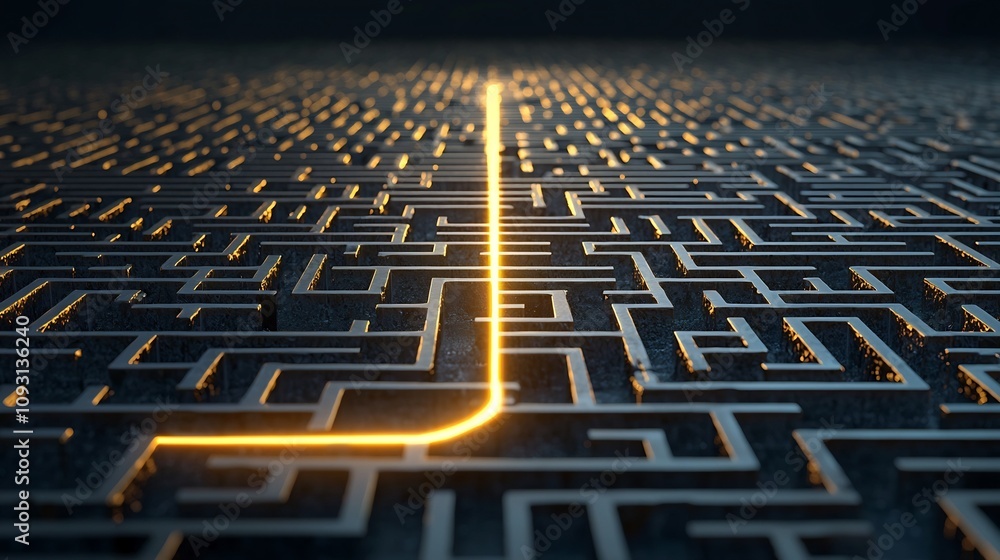 Fototapete Glowing golden line tracing a path through a complex abstract maze representing the journey of innovation problem solving and strategic creativity that leads to success and achievement