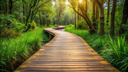 Obraz premium A winding wooden pathway through a lush green forest, bathed in warm sunlight. The path invites exploration and promises an adventure into the unknown.