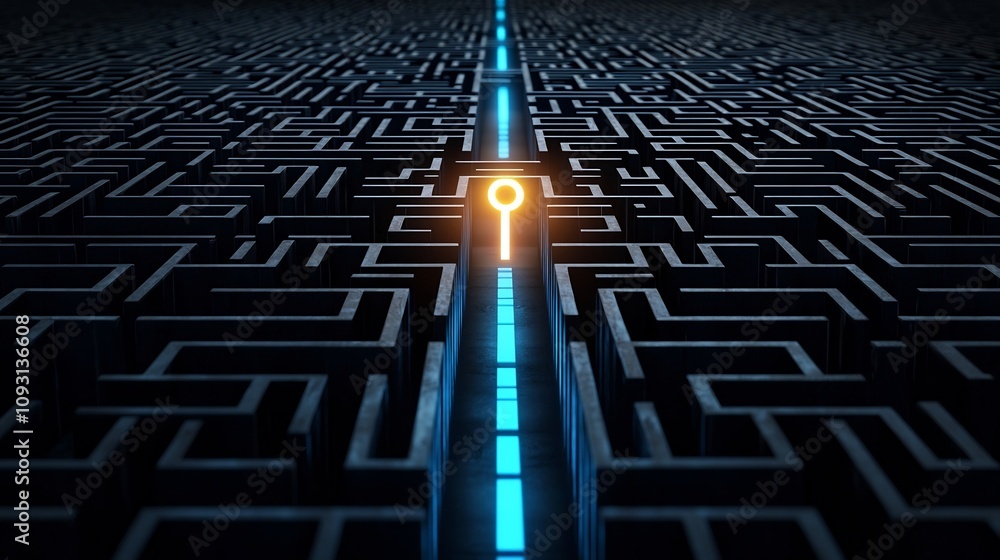 Aufkleber glowing exit symbol at the end of a complex black and blue maze representing solutions clarity and s