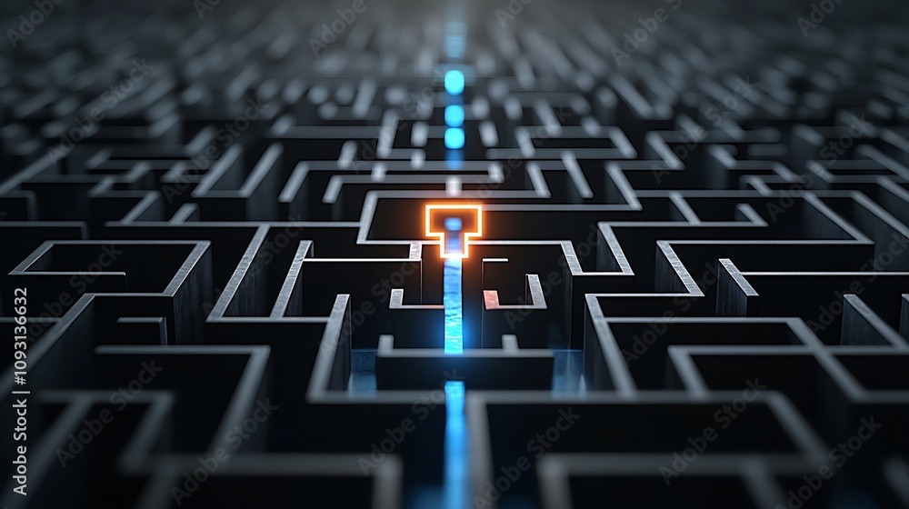 Leinwandbilder glowing exit symbol in a complex black and blue maze representing solutions clarity and successful o