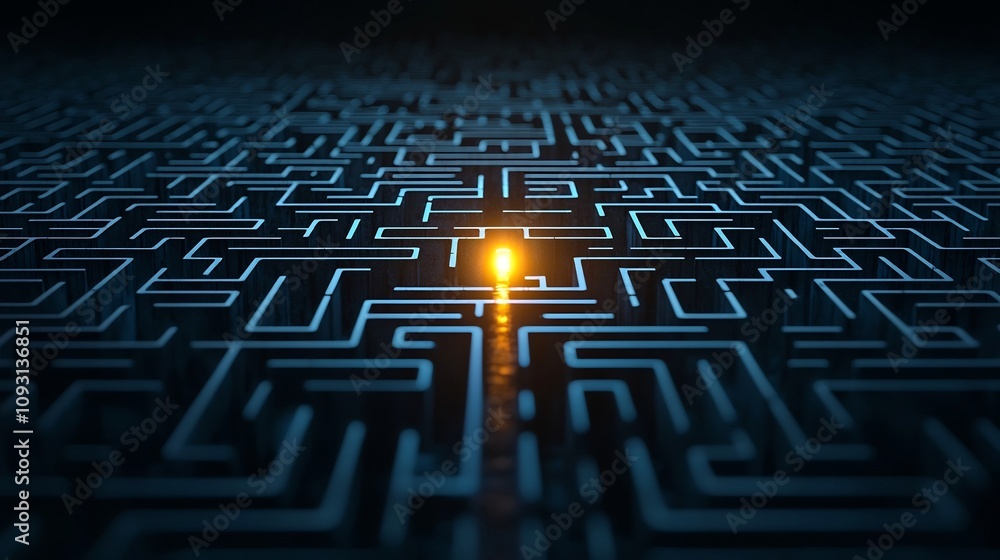 Aufkleber a vibrant glowing exit light shining amidst a dark maze like labyrinth of black and blue patterns sy