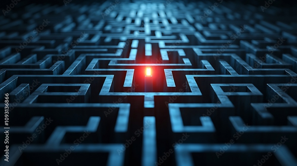 Aufkleber glowing exit light shining through a dark intricate labyrinth of black and blue hues representing th