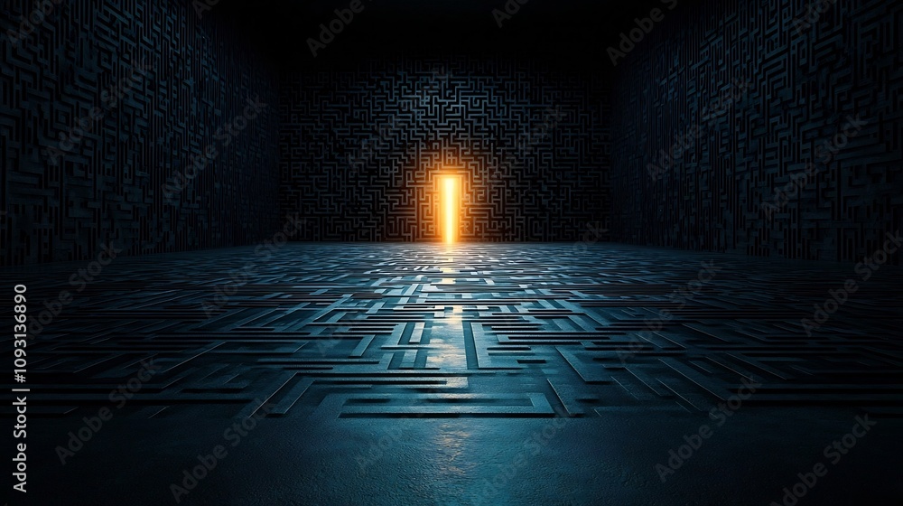 Poster glowing exit light shining brightly amidst a dark and intricate labyrinth of maze patterns symbolizi
