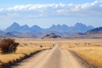 Fototapeta premium A desert road leads towards distant majestic mountains
