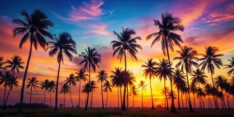 Silhouetted palm trees stand tall against a vibrant sunset sky, casting long shadows across a field of lush green grass