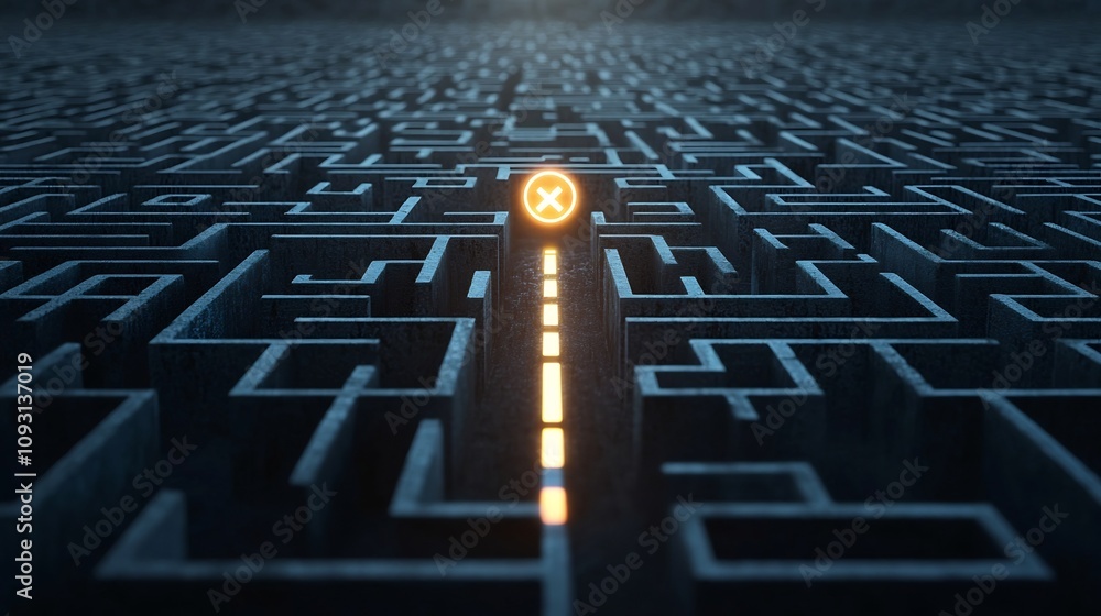Poster glowing path leading to a bright exit symbol in a dark black and blue maze highlighting the concepts