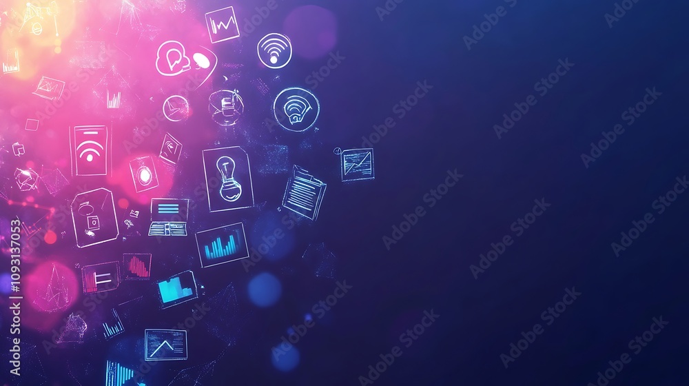 Poster abstract digital data visualization with icons and graphs on a dark background