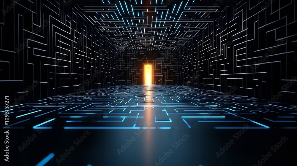 Aufkleber a vivid glowing exit at the core of a black and blue labyrinth representing the clarity and breakthr