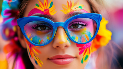 Vibrant woman with artistic face paint and colorful sunglasses at festival