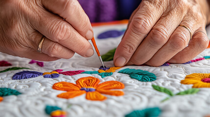 Naklejka premium Hands stitching quilt with vibrant flowers and intricate patterns