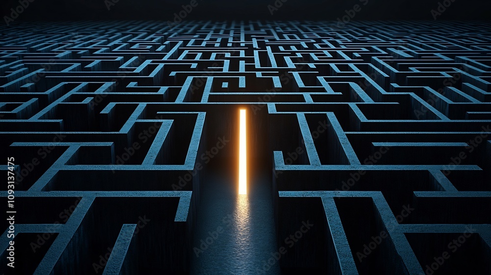 Poster glowing exit light guiding the way through an intricate labyrinth of blue and black patterns symboli