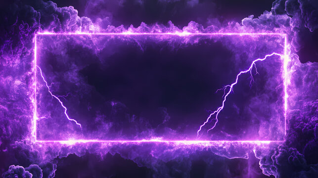 A rectangular border glowing in darkness is decorated with neon purple toxic smoke and lightning discharges. the illustration is part of a design element. Neon Lightning Strikes. Illustration