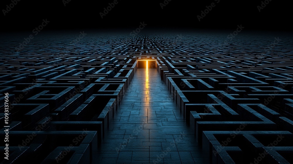 Aufkleber A futuristic glowing exit leading out of a dark abstract black and blue labyrinth emphasizing solutions breakthrough strategies and successful outcomes through clarity and determination