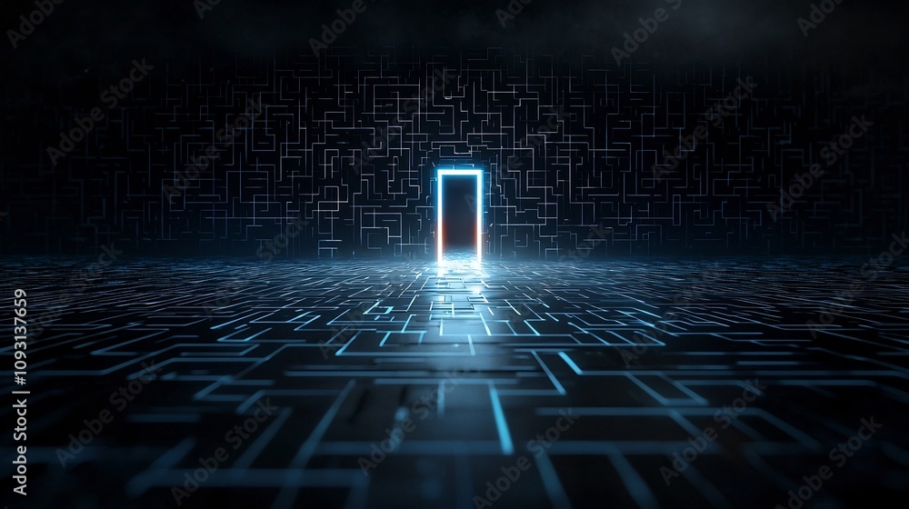 Poster futuristic glowing exit amidst a dark black and blue labyrinth emphasizing solutions breakthrough st