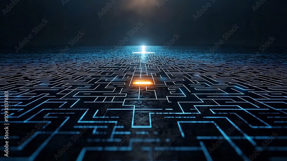 Aufkleber A glowing futuristic exit shines as a beacon of clarity and determination guiding the way through a dark winding labyrinth towards successful strategic outcomes and breakthroughs