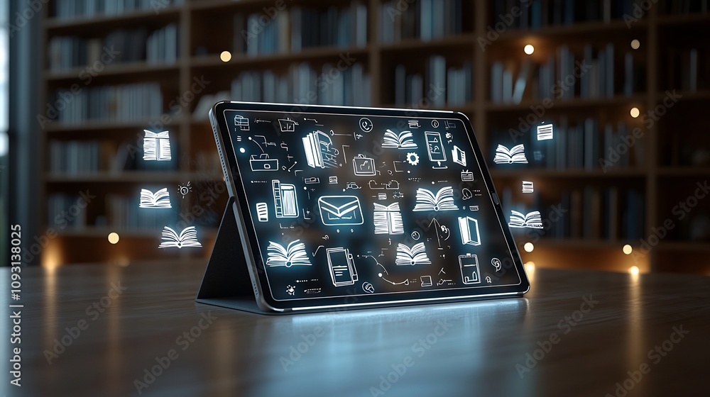Poster modern tablet projecting a digital display of education icons and floating books in a softly illumin