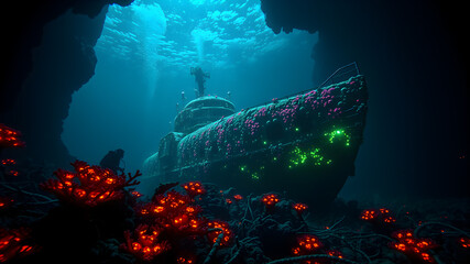 Fantastic ship sunk underwater. Generative AI
