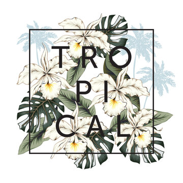 white orchids tropical leaves design clip art preview