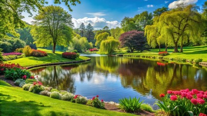 Fototapeta premium Serene Landscape with a Winding Pond, Lush Greenery, and Vibrant Flowers Blooming in the Sunlight