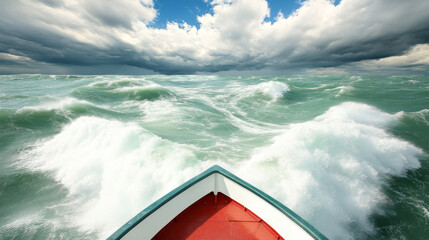 boat navigates through turbulent ocean waves under dramatic cloudy sky, showcasing power and beauty of nature