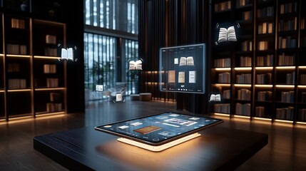 Glowing digital tablet displaying educational content books and icons floating in a luxurious dimly lit wooden interior with bookshelves