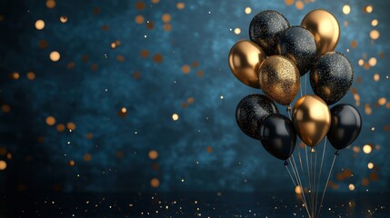 Elegant frame surrounded by black and gold glitter balloons