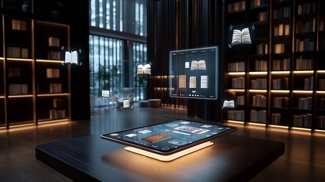 Glowing digital tablet displaying educational content books and icons floating in a luxurious dimly lit wooden interior with bookshelves
