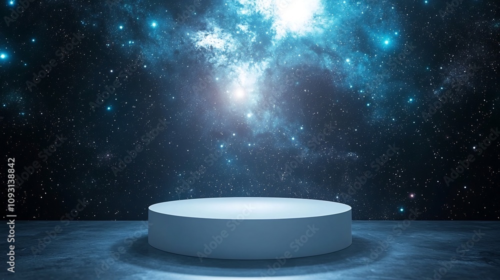 Poster ethereal floating podium in cosmic space backdrop for sci fi tech product showcase