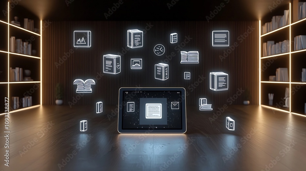 Aufkleber and sophisticated digital education scene featuring a tablet showcasing floating digital books and learning icons encircled by glowing shelves in a dark wooden room