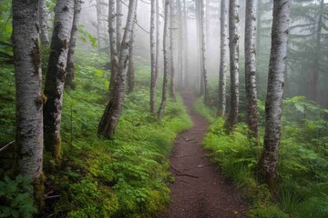 Naklejka premium Misty Forest Trail Winding Through Birch Trees