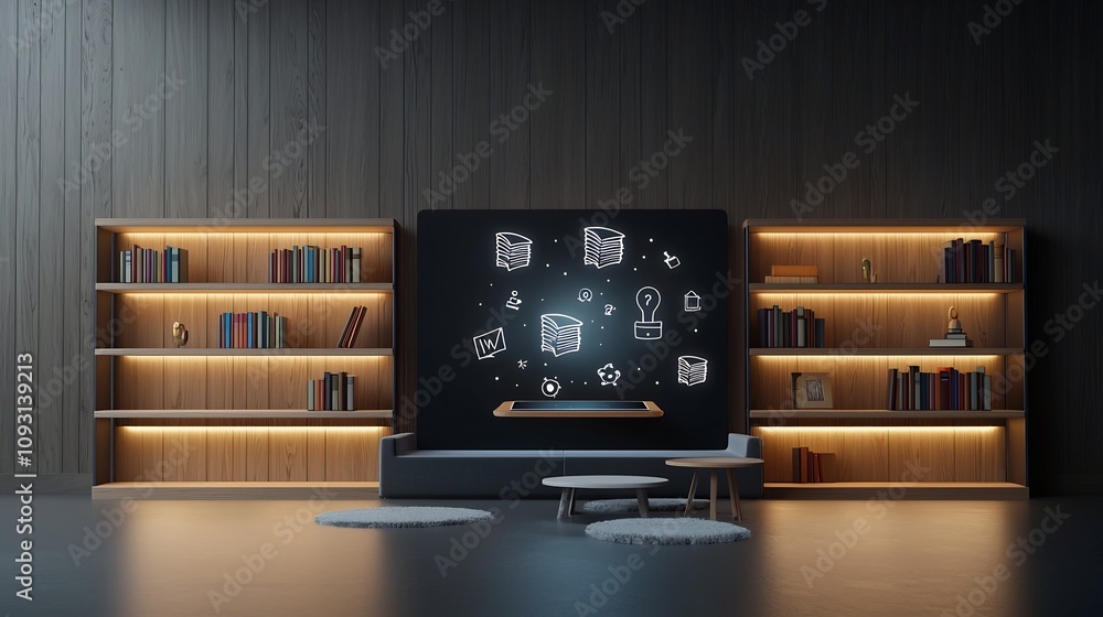 Aufkleber cozy and inviting educational setup with tablet projecting floating books and learning symbols illum