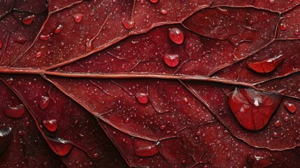 Obraz premium Closeup of raindrops on a red leaf nature photography outdoor macro view natural beauty