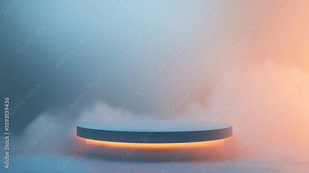Poster glowing minimalist podium floating in misty gradient background for luxury product display
