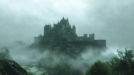 Fototapeta premium Eerie fog envelops ancient castle on hill captivating landscape photography mysterious atmosphere dark fantasy concept