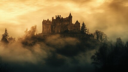 Fototapeta premium Eerie fog envelops ancient castle on hill capturing mystical atmosphere in nature's embrace