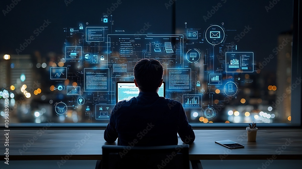 Poster Student sitting in a professional workspace facing a laptop with a glowing digital interface displaying online education icons virtual classrooms