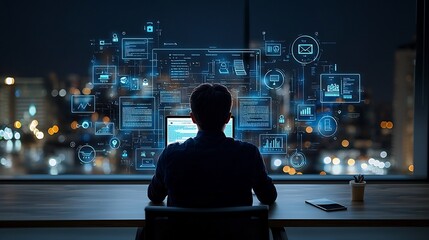 Student sitting in a professional workspace facing a laptop with a glowing digital interface displaying online education icons virtual classrooms