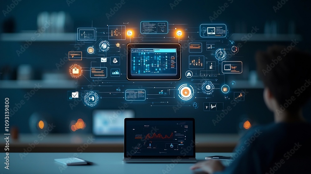 Fototapete Professional workspace environment with student interacting with luminous digital display above laptop interface featuring virtual classroom icons and learning tools on a clean dark blue background