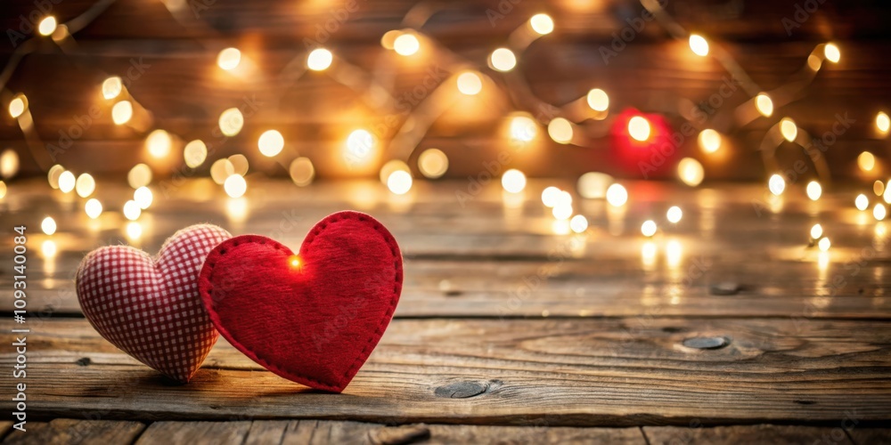 Poster Two red heart-shaped pillows, one with a checkered pattern, sit on a wooden table with a warm glow of light. The bokeh lights create a romantic and cozy atmosphere.