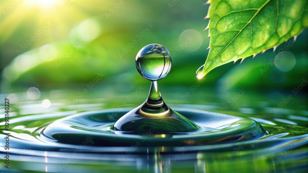 Poster a single water drop falls from a green leaf creating concentric ripples on the surface of a still po