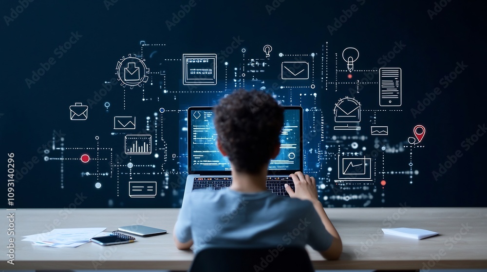 Fototapete a student sits rear facing in a professional setting interacting with a laptop displaying a radiant 