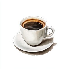 Fototapeta premium A white ceramic cup filled with black coffee sits on a matching saucer. The coffee has a smooth surface with a slight froth around the edges, indicating it is freshly brewed.
