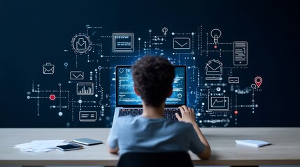 A student sits rear facing in a professional setting interacting with a laptop displaying a radiant interface with online education icons and learning tools against a dark blue background