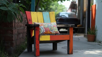 Naklejka premium Colorful and Rustic Wooden Chair in Outdoor Setting with Decorative Pillow Surrounded by Lush Greenery and a Cozy Atmosphere