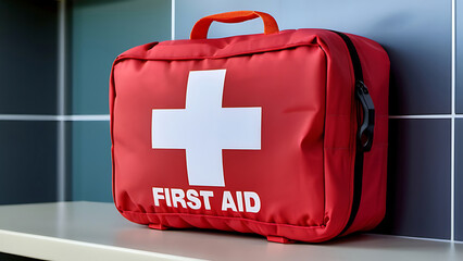 A red first aid kit is displayed prominently in a medical facility during daylight hours