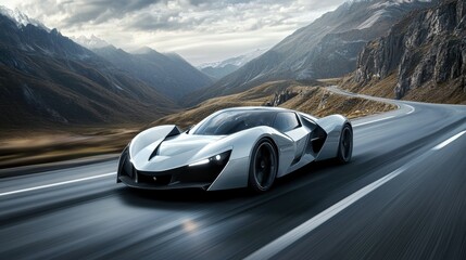 Sleek sports car racing down mountain road action scene scenic landscape dynamic view for automotive enthusiasts
