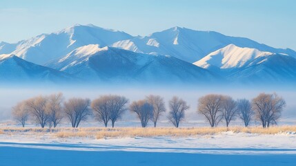 Serene winter landscape showcasing a row of bare trees under a soft blue sky with distant snow-capped mountains and a tranquil mist hovering over the ground